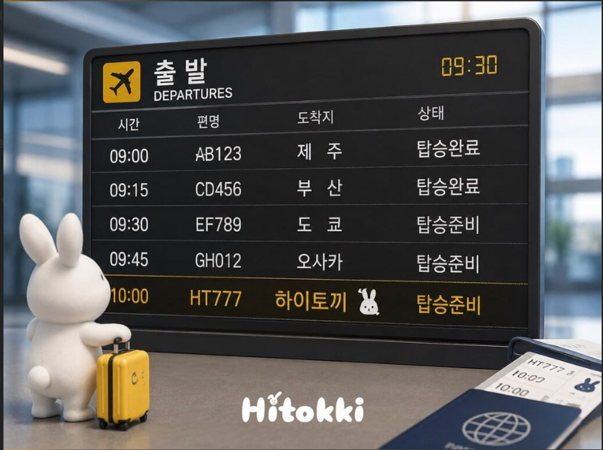 노란 여행가방을 든 토끼가 출국 전광판 앞에서 출발을 기다리는 모습